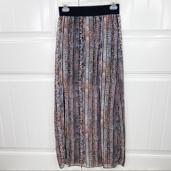 Socialite Dresses & Skirts - Socialite Boho Print Double Slit Maxi Skirt Sheer